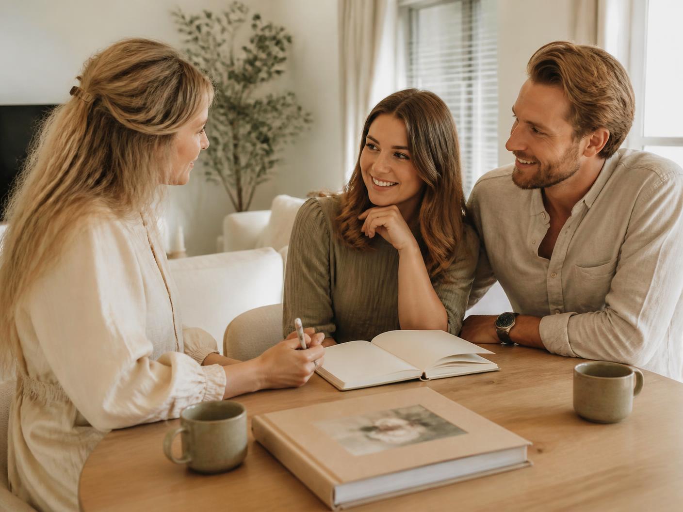 Trouwprofessional in gesprek met een bruidspaar aan een tafel in warm daglicht