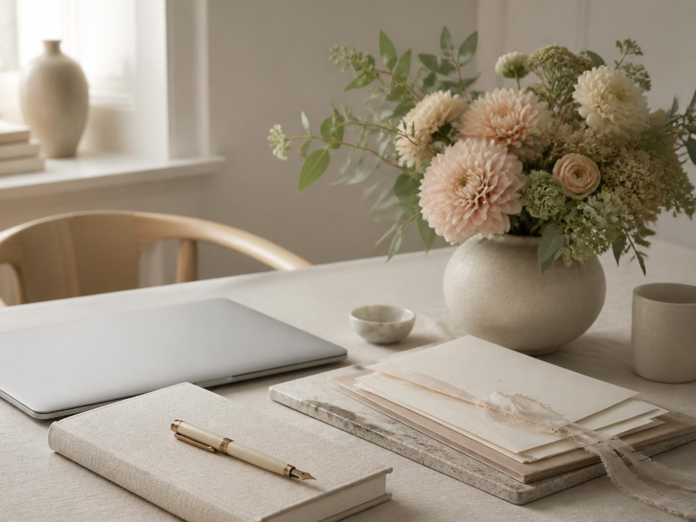 Werkplek met laptop, linnen notitieboek, trouwdocumenten en bloemen in zacht daglicht
