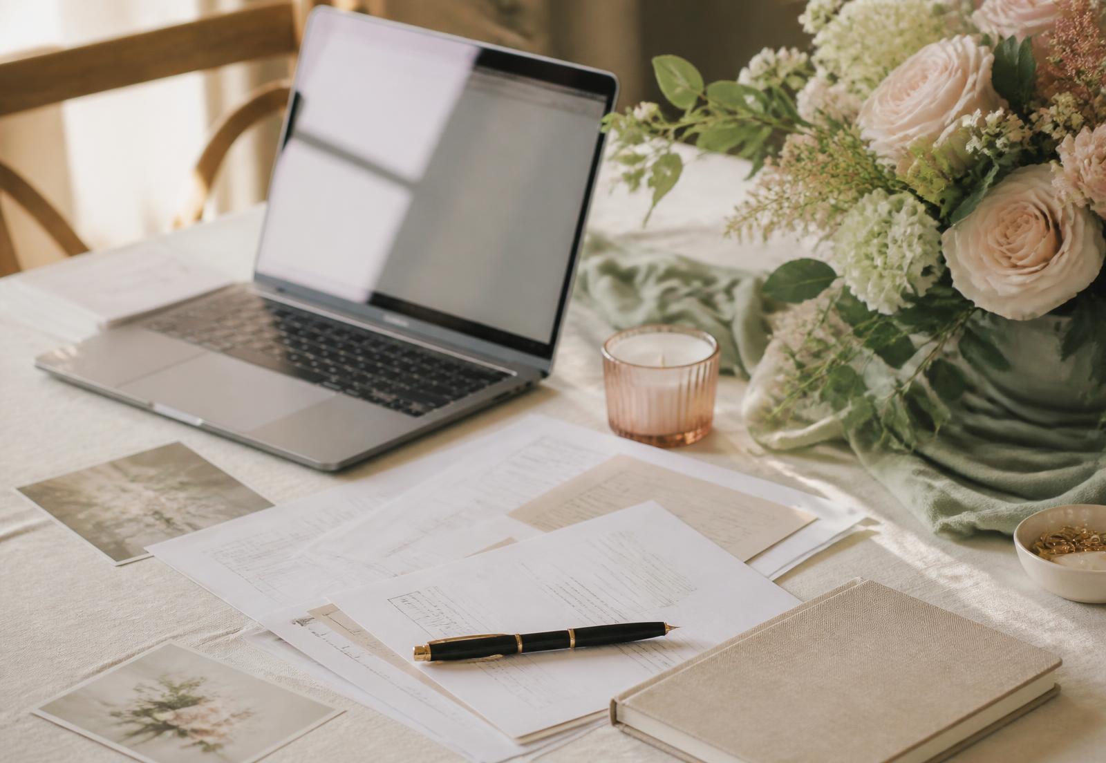 Voorbereiding aan tafel met laptop, formulieren, notitieboek en bloemen